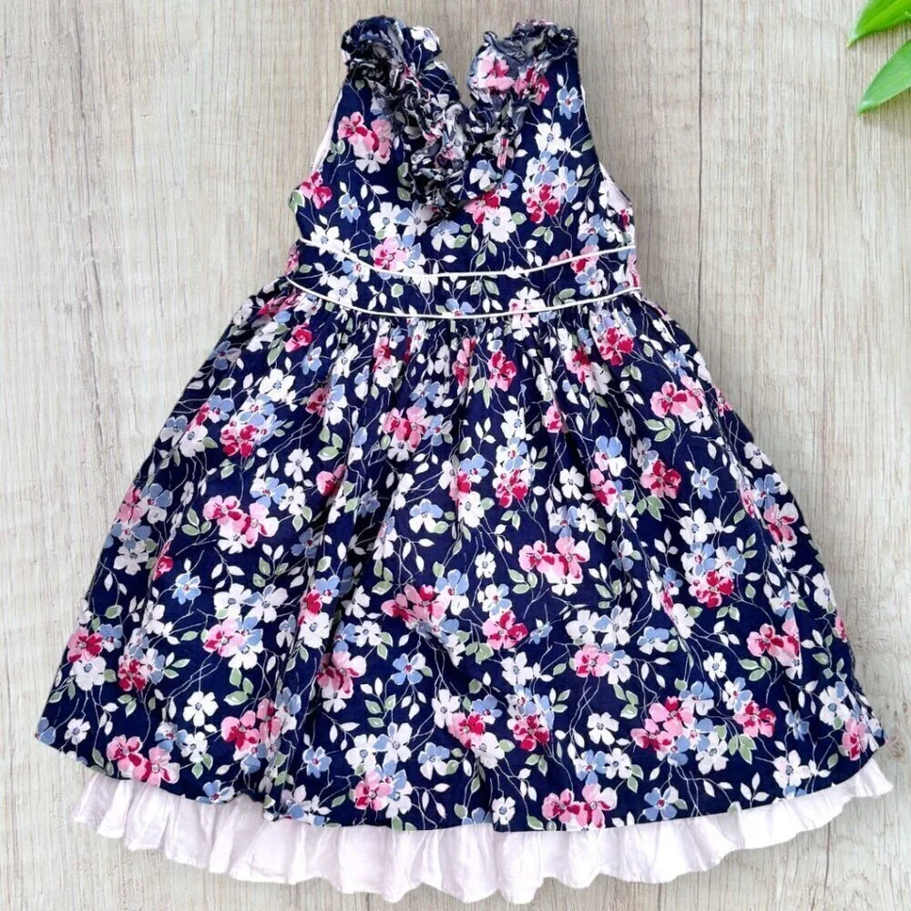 Ralph Lauren Girls Navy Floral Party Dress Ruffle Sleeveless Cotton Easter 6